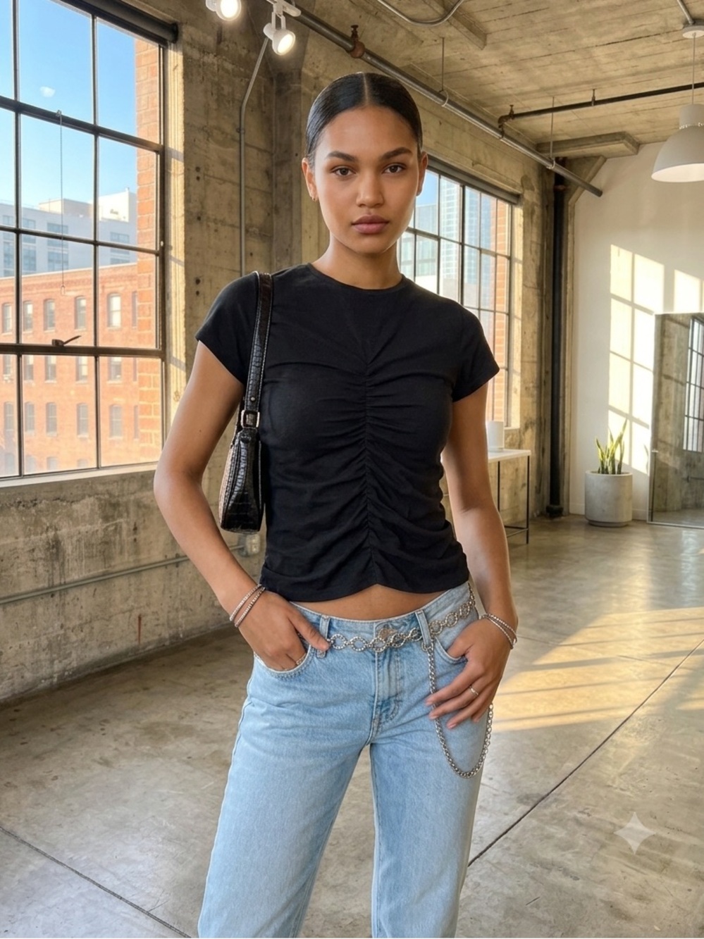 Sanctuary Black Pima Cotton Ruched Front Short Sleeve Tee - Small